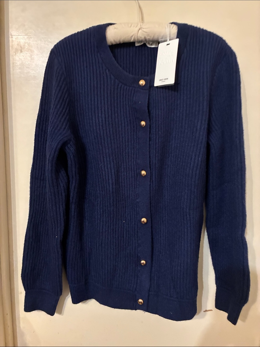 NWT Grace Karin Navy Blue Ribbed Button-Up Cardigan w/Gold buttons size Large